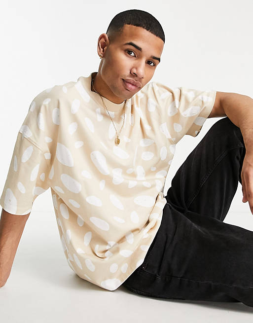  Topman extreme oversized t-shirt with all over polka print in stone 