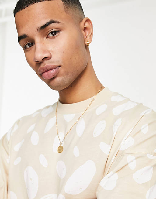  Topman extreme oversized t-shirt with all over polka print in stone 