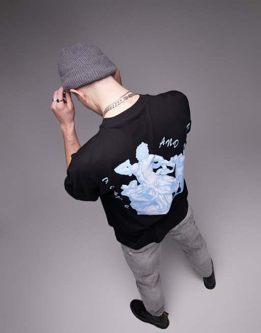 Topman extreme oversized t-shirt with front and back forgive statue print in black