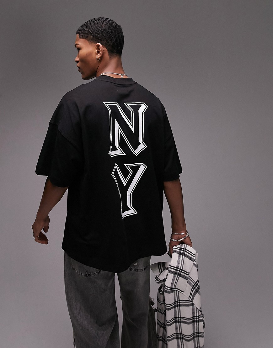 Topman extreme oversized t-shirt with front and back large NY letter print in black