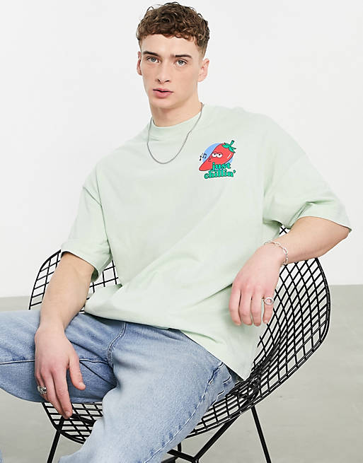 T-Shirts & Vests Topman extreme oversized t-shirt with just chillin chest print in sage 