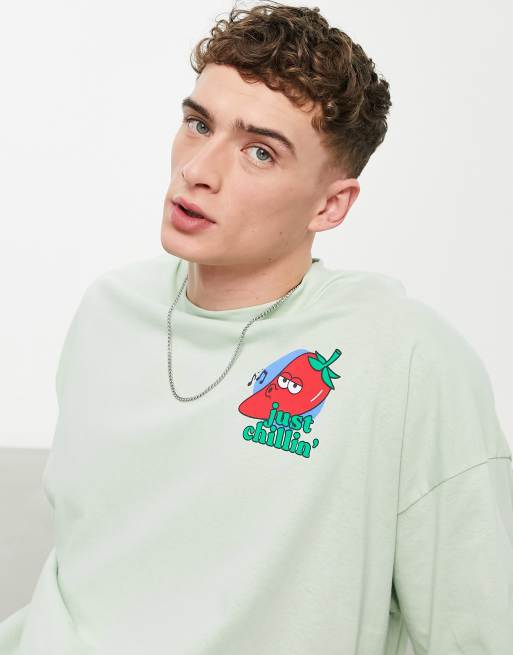 Topman extreme oversized t-shirt with just chillin chest print in sage, 4 of 4