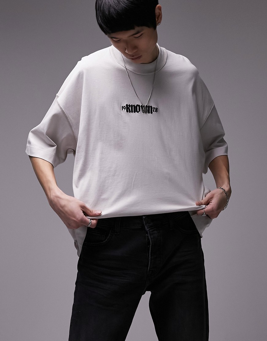 Topman extreme oversized t-shirt with known embroidery in light grey