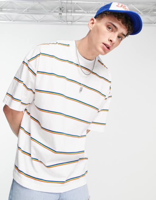 Topman Extreme Oversized T Shirt With Multi Colour Stripe In White Asos