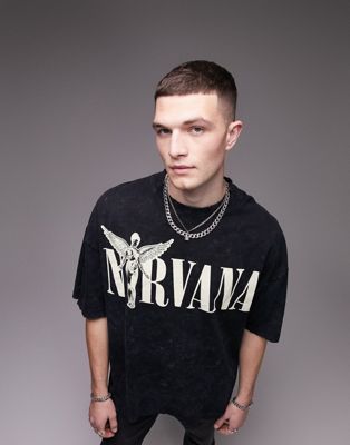 Topman extreme oversized t-shirt with Nirvana angel chest print in washed black