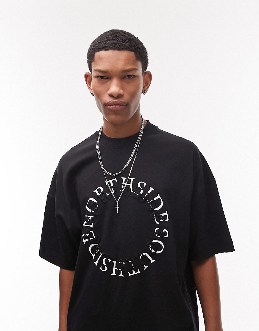Topman extreme oversized t-shirt with North and Southside print and embroidery in black