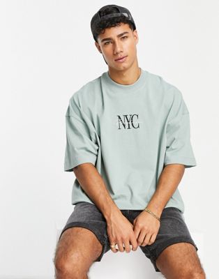 Topman extreme oversized t-shirt with NYC embroidery in sage