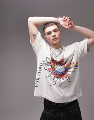 Topman extreme oversized t-shirt with Pink Floyd triangle print in washed ecru