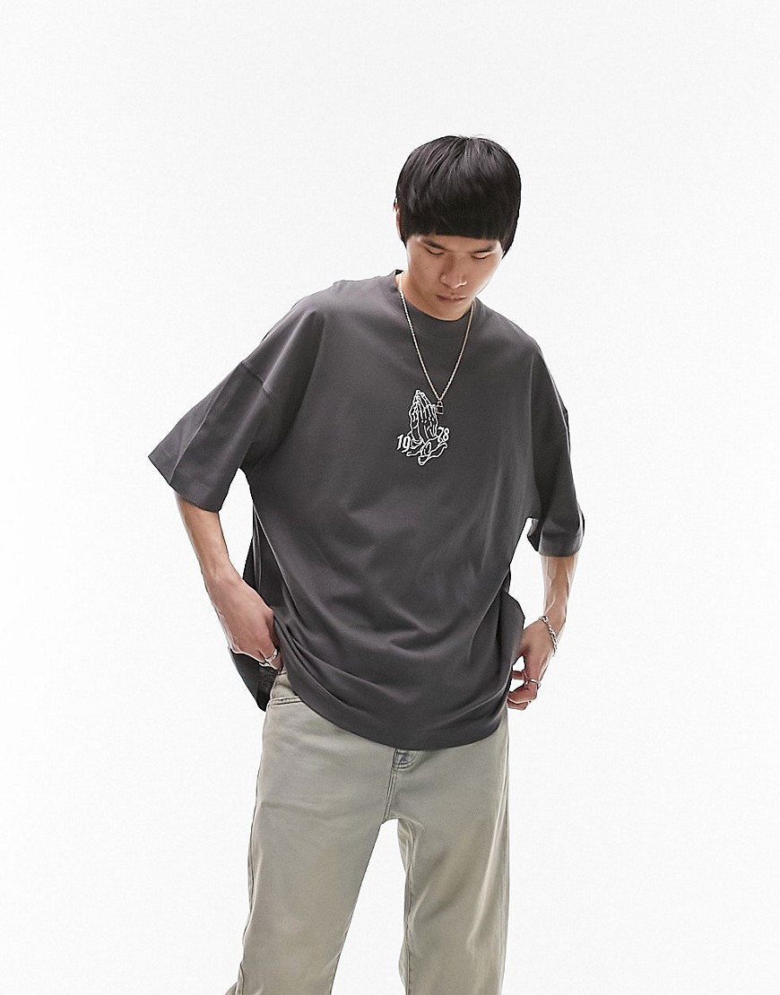 Topman extreme oversized t-shirt with praying hands embroidery in charcoal-Grey