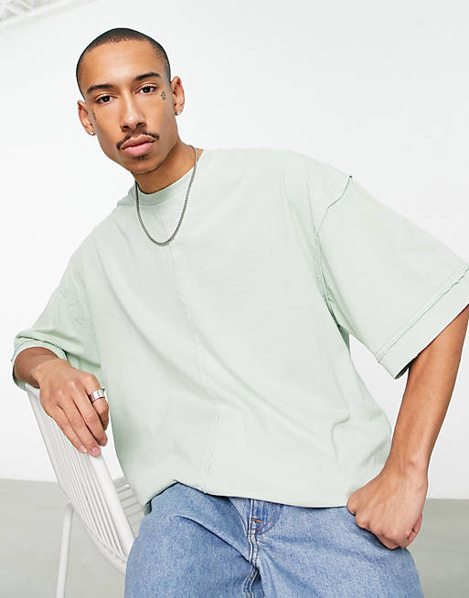 Topman extreme oversized t-shirt with raw seams in sage | ASOS