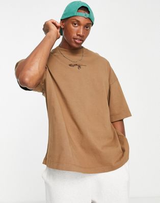 Topman extreme oversized t-shirt with rose embroidery in washed brown