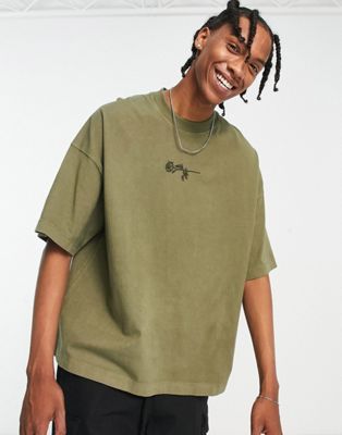 Topman extreme oversized t-shirt with rose embroidery in washed khaki