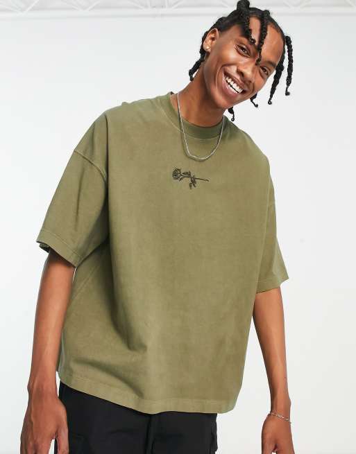 Topman Extreme Oversized T Shirt With Rose Embroidery In Washed Khaki Asos