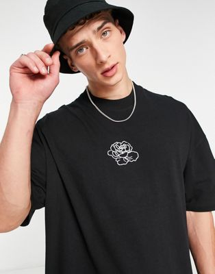 Topman extreme oversized t-shirt with rose sketch embroidery in black - BLACK