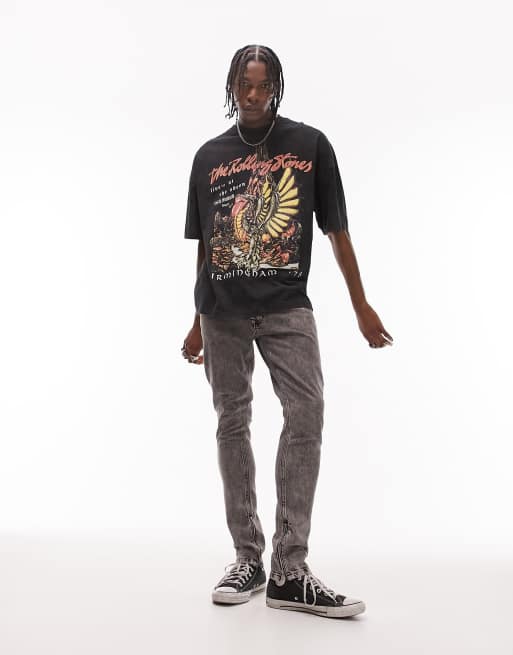 Topman extreme oversized t-shirt with The Rolling Stones dragon print in washed black