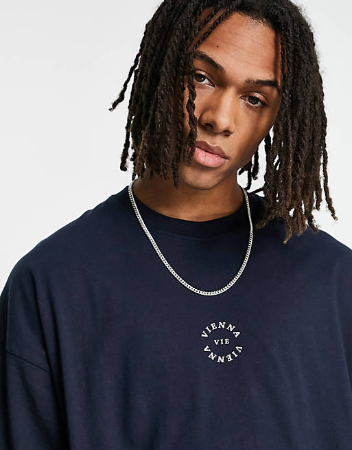 Men Topman extreme oversized t-shirt with vienna print in navy 