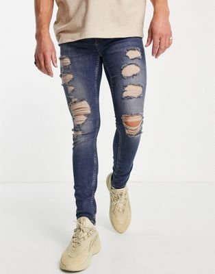 Topman spray on extreme rip jeans in mid wash blue