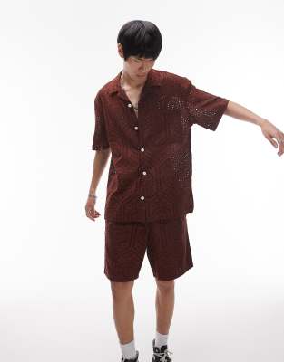 Topman Eyelet Short Sleeve Shirt In Brown