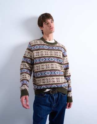 Fair isle knit crew neck jumper in khaki