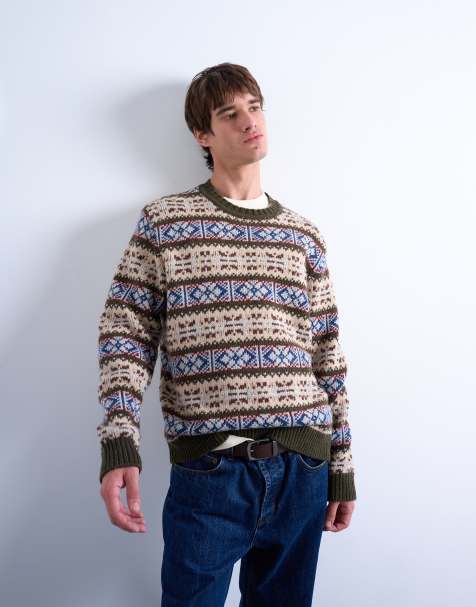 Topman Fair Isle knit crew neck jumper in khaki - view 1