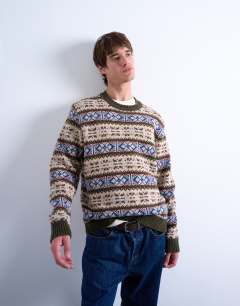 Fair isle knit crew neck jumper in khaki
