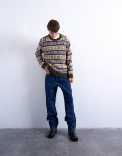 Model wearing Fair isle knit crew neck jumper in khaki