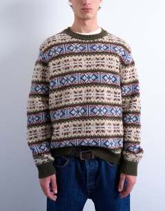 Model wearing Fair isle knit crew neck jumper in khaki