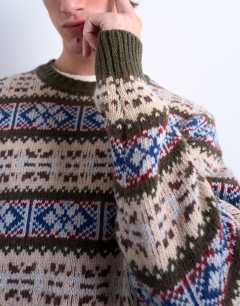 Model wearing Fair isle knit crew neck jumper in khaki