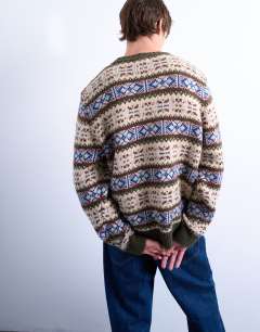 Model wearing Fair isle knit crew neck jumper in khaki