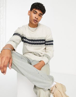 Topman knitted jumper with fairisle in stone