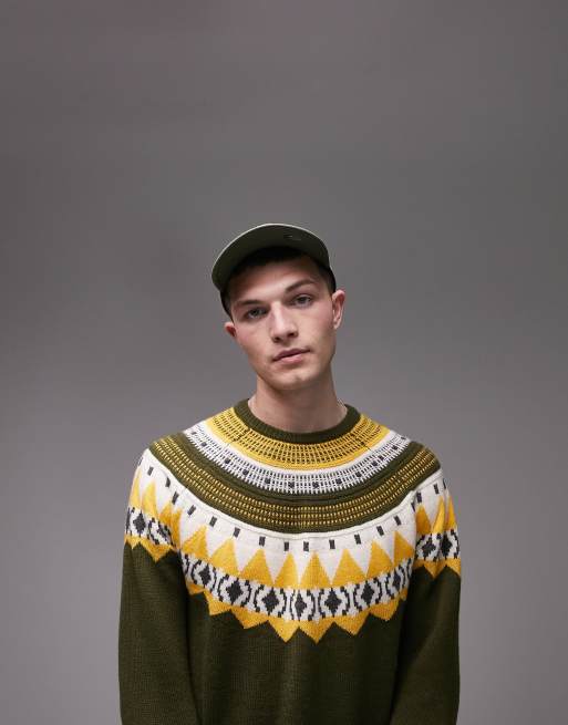 Topman fairisle crew sweater in khaki, 2 of 4