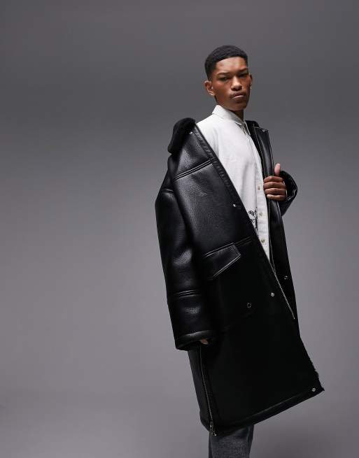 Topman fashion longline faux shearling coat in black