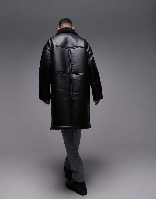 Topman fashion longline faux shearling coat in black