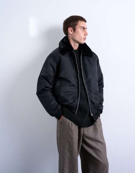 Topman faux fur collar bomber jacket in black - view 1