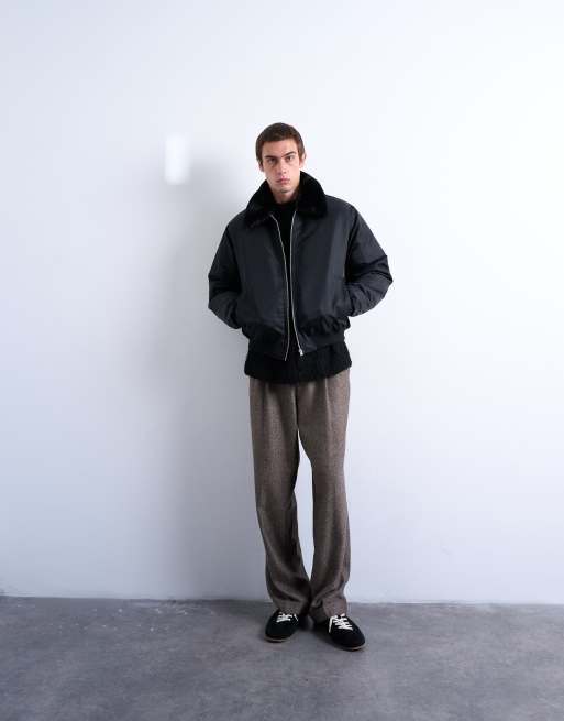 Topman faux fur collar bomber jacket in black, 2 of 5