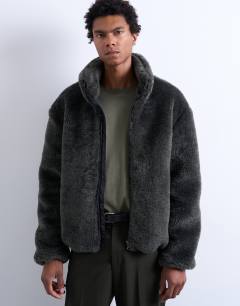 Faux fur funnel neck jacket in dark grey