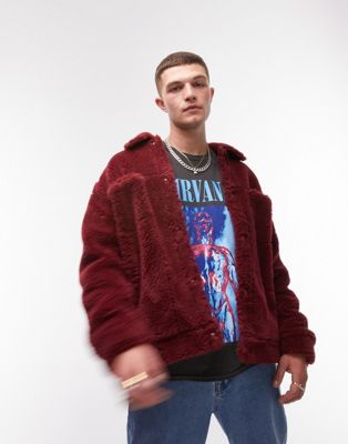 Topman faux fur western jacket in burgundy