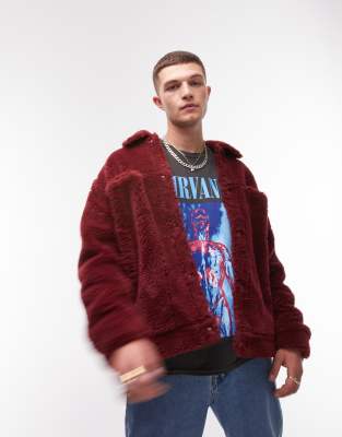 Topman faux fur western jacket in burgundy-Red