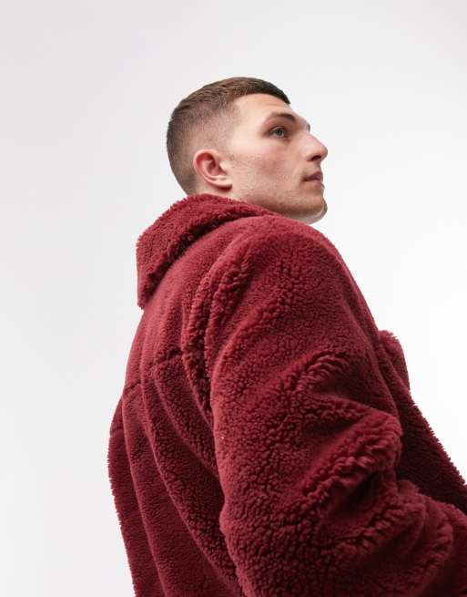 Topman faux fur western jacket in burgundy, 3 of 4