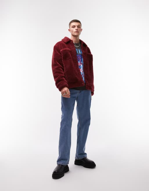 Burgundy denim jacket hot sale with fur