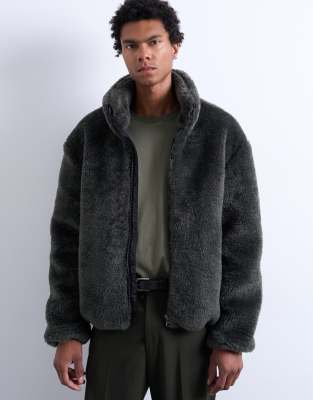 Topman Faux Fur Zip Up Funnel Jacket In Gray
