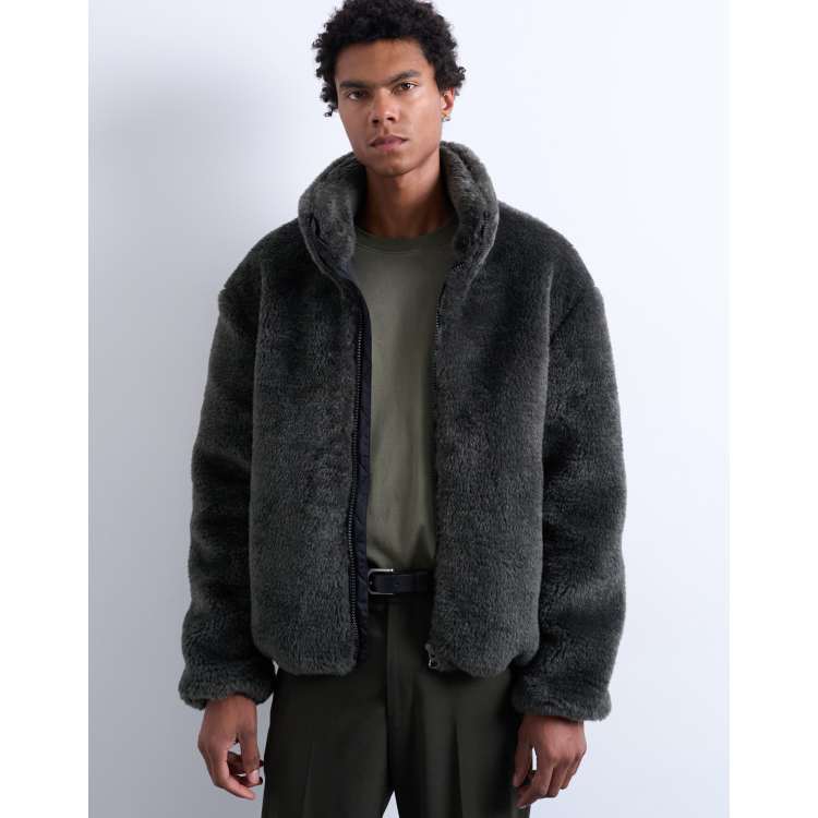 Topman faux fur zip up funnel jacket in dark gray | ASOS