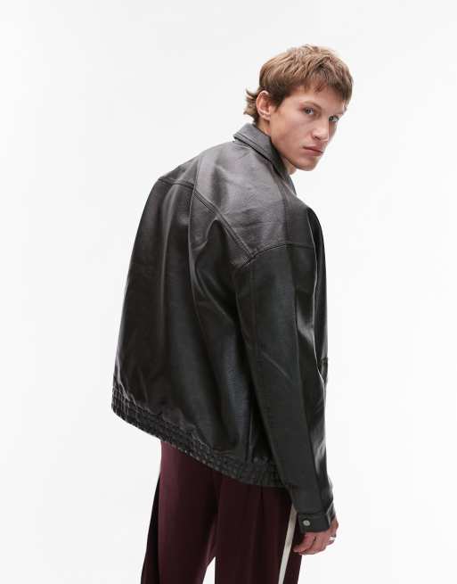 Topman faux leather A2 jacket in black, 4 of 4