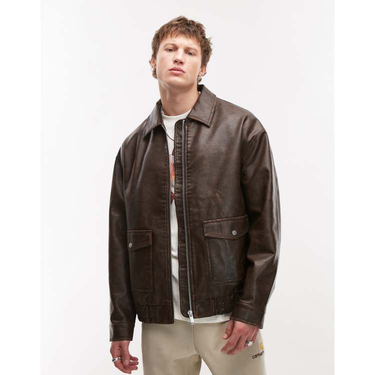 Topman faux leather A2 jacket in brown | ASOS