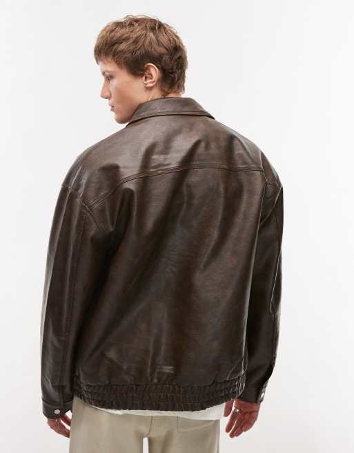 Topman faux leather A2 jacket in brown, 3 of 4