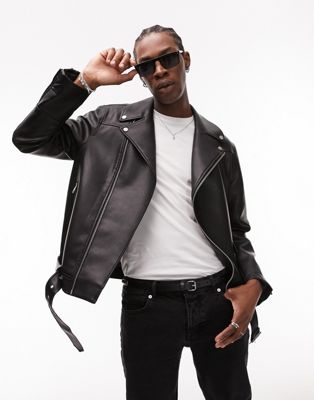 Topman faux leather belted biker jacket in black