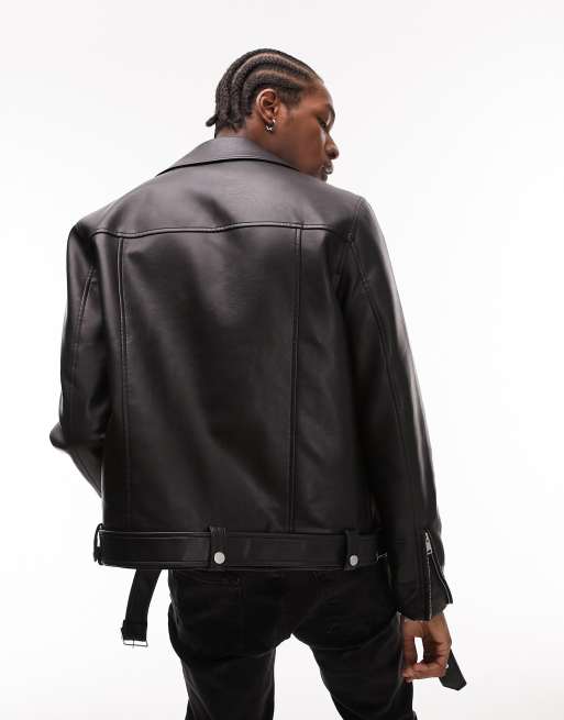 Belted Faux Leather Moto Jacket - Black