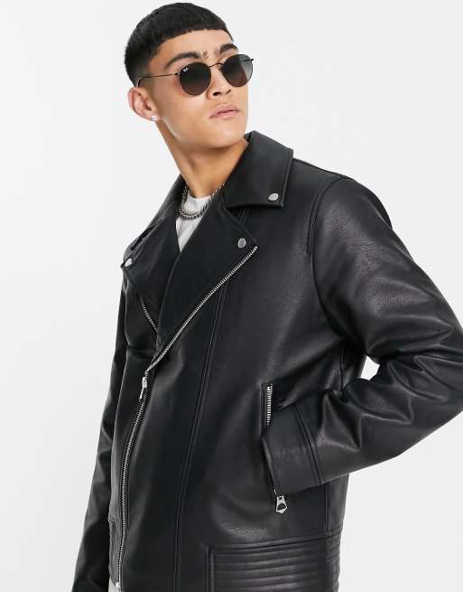 Topman faux leather biker jacket in black ASOS