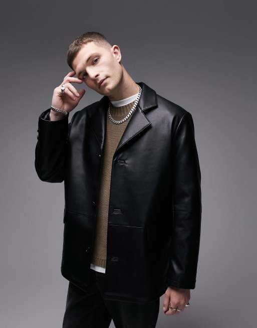 Topman faux leather blazer in black