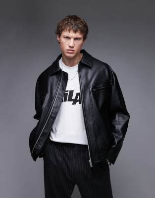 Topman Faux Leather Bomber Jacket In Black-brown